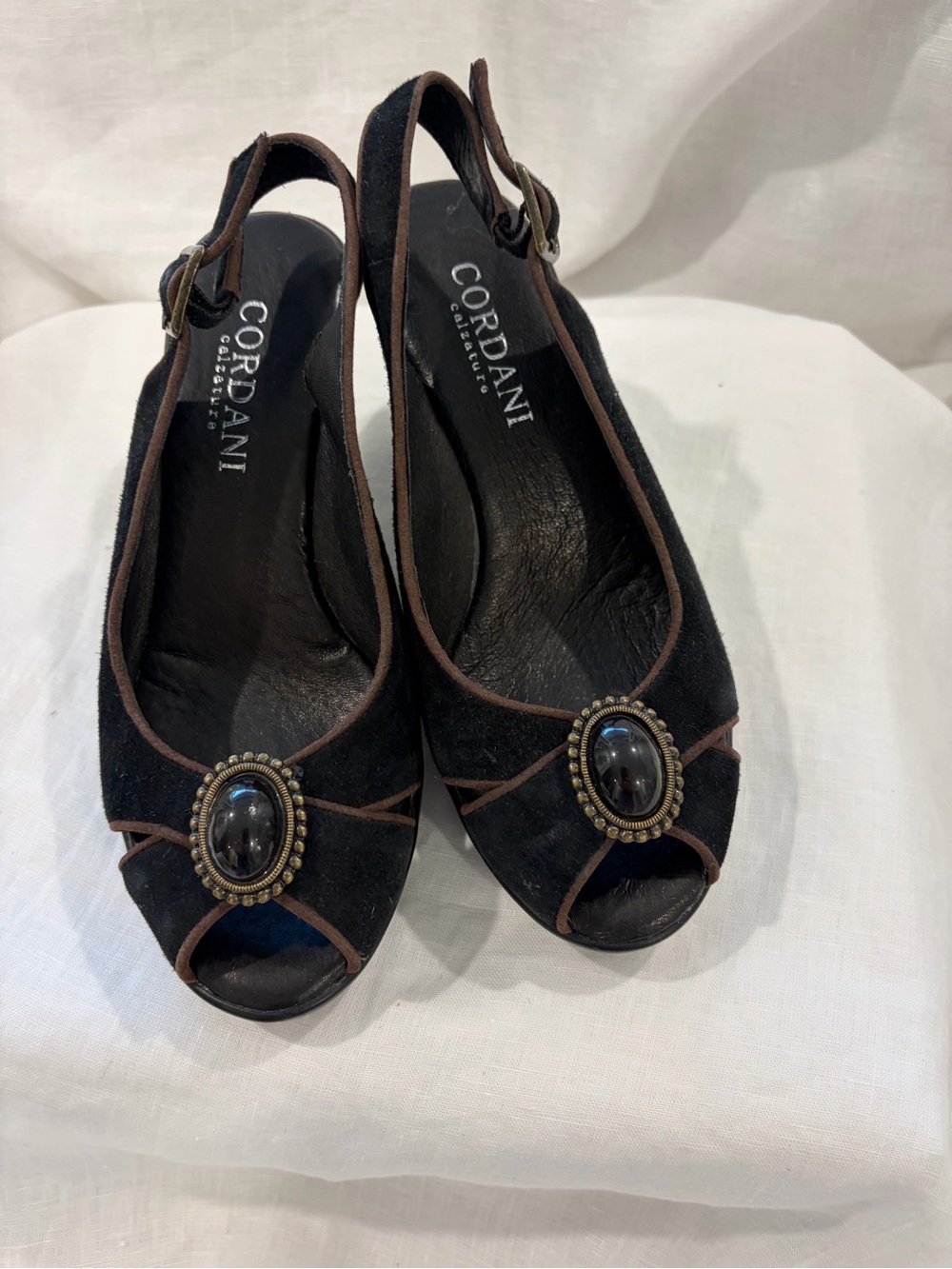 Cordani Black Suede Peep-Toe Slingback Heels with Jewel Medallion